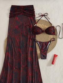 3件套女士性感印花比基尼，露背珍珠结交叉绑带泳衣搭配网纱裙，夏季度假 - 彩色 - 查看 3