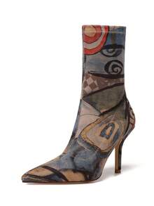 vivianly All Over Print Stiletto Ankle Boots For Women - Pointed Toe, Elastic Side Zip, Spring Fashion Unique Stretch Fabric With Print-Elegant Sexy Style For Commuting High Heels Boots, Suitable For All Seasons Boots,Wedding Valentine's Day, Music Festival Party & Sexy Night Shoes Random (Each Pair May Vary For Surprise) - 不規則-C - 查看 12