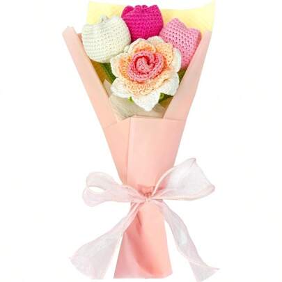 Shusara Ramo de Flores de Crochet: Tulipanes Artificiales Tejidos a Crochet Ramo de Rosas Hecho a Mano Ideal para el dia de la Madre el dia de San Valentin la decoracion del hogar y Las c