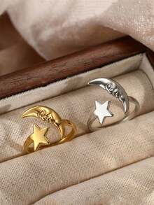 YUNCHUN 2pcs Adjustable Stainless Steel Five-Pointed Star Rings, Gold Color, Beautiful Jewelry Gift For Women - Stars and Moon - View 7