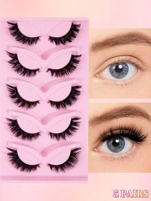 5对猫眼卡通假睫毛，仿貂毛假睫毛，加长双层睫毛，3D自然纤长假睫毛，外眼角加长设计，打造逼真凌乱的妆效，夏季旅行必备，海滩度假，露营旅行，方便携带 - 黑色 - 查看 8