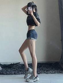 Verano Mujeres Paquete Retro Cadera Slim Hot Pantalones Sexy Rolled Stretch Cintura Baja Pantalones cortos de mezclilla pantalones de mezclilla mujer - Azul oscuro - Ver 2