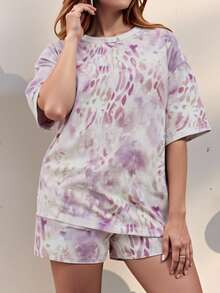 Plus Size Women's Casual Loose Digital Print Round Neck Short Sleeve T-Shirt And Shorts Set, Daily Fashion Minimalist, Suitable For Spring/Summer, Graduation, Back To School, Street Style, Loose Two Pieces Outfit, Ins Fashion, Beach, Date Night, Work, Outdoor, Holiday Wear Elegant Vacation - Multicolor - View 4
