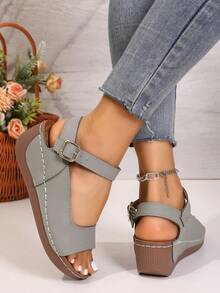 Giày sandal đế xuồng cao gót mới dành cho nữ, kiểu dáng nhẹ nhàng, thoải mái, có khóa cài, thích hợp đi biển. - Xám - Xem 7