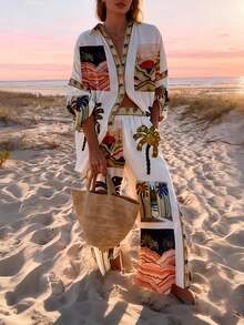 Women's Tropical Print Two Piece Set: Matching Oversized Shirt & Wide Leg Pants Co-Ord. Vibrant Maximalist Vacation Outfit For Beach Resorts, Summer Getaways, Or Festive Holiday Wear. - 混合色 - 查看 3