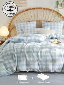 2/3件套 100%纯棉双层纱布，蓝色格子印花，被套套装，男女通用，适合学生宿舍，超级柔软，可爱清新，被套不含被芯，床品尺寸可选双人床、大号床、特大号床，用于房间装饰。 - 霧霾藍 - 查看 1