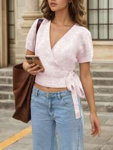 Áo len croptop dệt kim cổ chữ V thắt nơ, dây chéo, kiểu dáng thời trang Âu Mỹ VIBEWAVE dành cho nữ. - Hồng - Xem 1