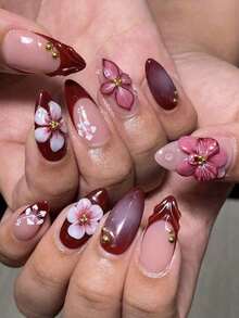 24pcs/Set Elegant Gradient Pink & White Almond-Shaped Nail Stickers With 3D Floral & Pearl Decor, Includes Gel Polish And Nail File, Suitable Girls/Women Daily, Party, Autumn Nails - 多色 14 - 查看 13