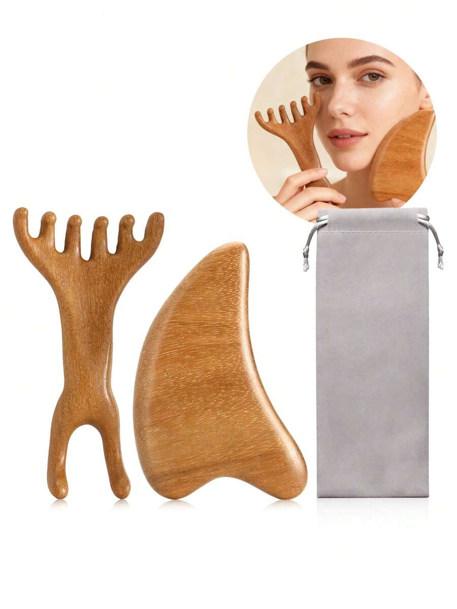 1/2pcs/Set Natural Sandalwood Face Massage Comb, Facial Beauty Tool, Gua Sha Board Set, Suitable For Head, Face, Body Meridian Massage - Brown - View 1
