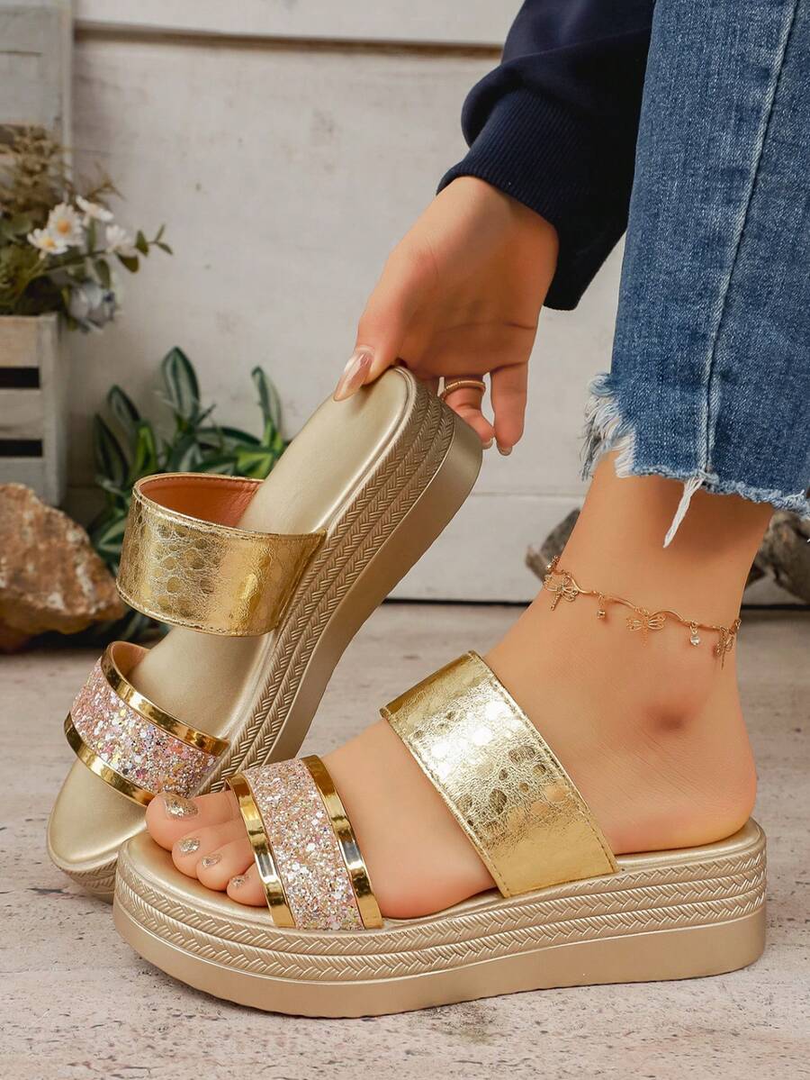 Metallic Sequin Embellished Thick Sole Wedge Slide Sandals With Double Straps - Gold - View 1