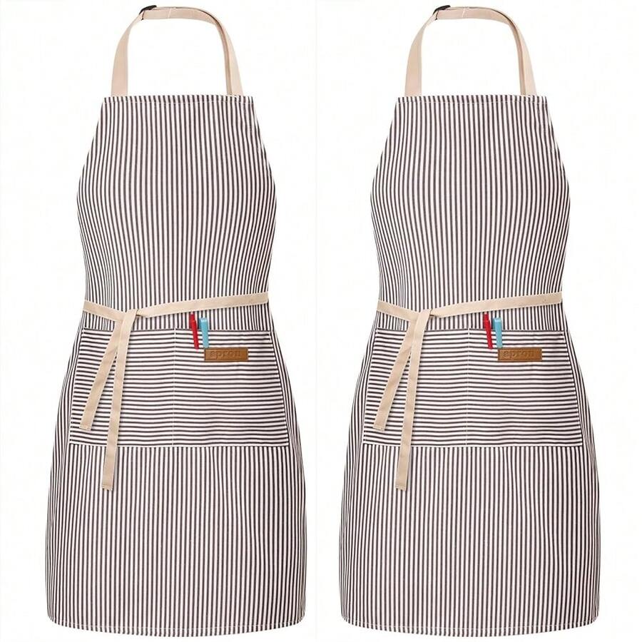 2 Pack Adjustable Bib Apron With 2 Pockets Chef CooFKing Kitchen Restaurant Aprons For Women Men - BrownPinstripe - View 1