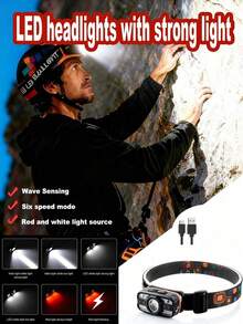 1pc Smart Sensor Headlamp, USB Rechargeable, Infrared Sensor With Pulsing Control, Bright LED Headlight With Red & White Dual Light Sources, 6 Brightness Levels. Essential For Outdoor Night Fishing And Running. - 1pc - View 3