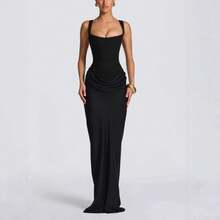 New European And American Sexy U-Neck Waist Solid Color Mermaid Dress - 黑色 - 查看 3
