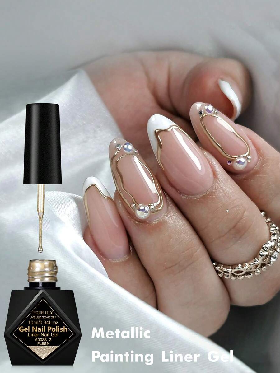FOUR LILY 10ml Y2K Metallic Line Gel Nail Polish Set, Gold & Silver Ultra-Bright Mirror Line Gel Nail Polish, Semi-Permanent Line UV Gel Nail Art Paint, Suitable For French Manicure, Home Salon DIY Women's Gift - 金色 - 查看 1