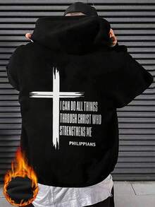 Men's Casual Street Style Letter & Cross (Religious Element) Print Long Sleeve Hooded Sweatshirt Without Pocket, For Fall Winter - Black - View 1