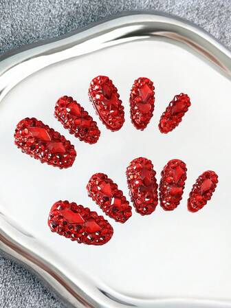 Unghie ovali fatte a mano, unghie finte con punte trasparenti, strass rossi e design 3D scintillanti a copertura totale - unghie finte a copertura completa fai-da-te con glitter, unghie finte per feste, all'aperto, spiaggia, uso quotidiano, vacanze, raduni, lavoro ed eventi speciali - 10 pezzi/confezione