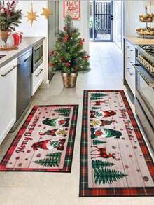 1/2 Peças Conjunto de Tapete de Cozinha de Natal, Tapete de Natal Alegre (Com Padrão de Gnomos e Árvore de Natal), Tapete de Cozinha de Natal, Tapete Lavável para Porta da Frente, Tapete Resistente a Manchas, Capacho de Poliéster 40*60cm/40*120cm, Suprimentos para Festa de Natal - Multicolorido - Visão 2