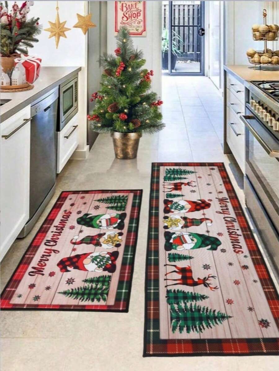 1/2 Peças Conjunto de Tapete de Cozinha de Natal, Tapete de Natal Alegre (Com Padrão de Gnomos e Árvore de Natal), Tapete de Cozinha de Natal, Tapete Lavável para Porta da Frente, Tapete Resistente a Manchas, Capacho de Poliéster 40*60cm/40*120cm, Suprimentos para Festa de Natal