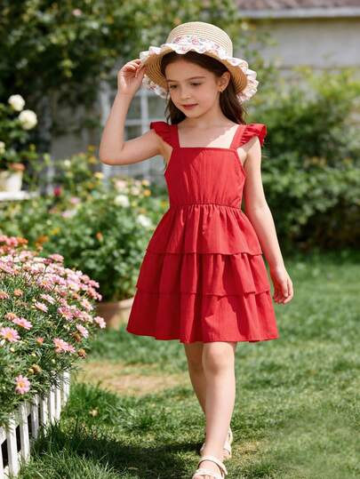 Young Girl's Casual Dopamine Outfit, Cute Style Multi-Layer Design Square Neck Spaghetti Strap Flutter Sleeve Cake Dress, Spring/Summer, Suitable For Outdoor, Back To School, Commute, Social Gatherings