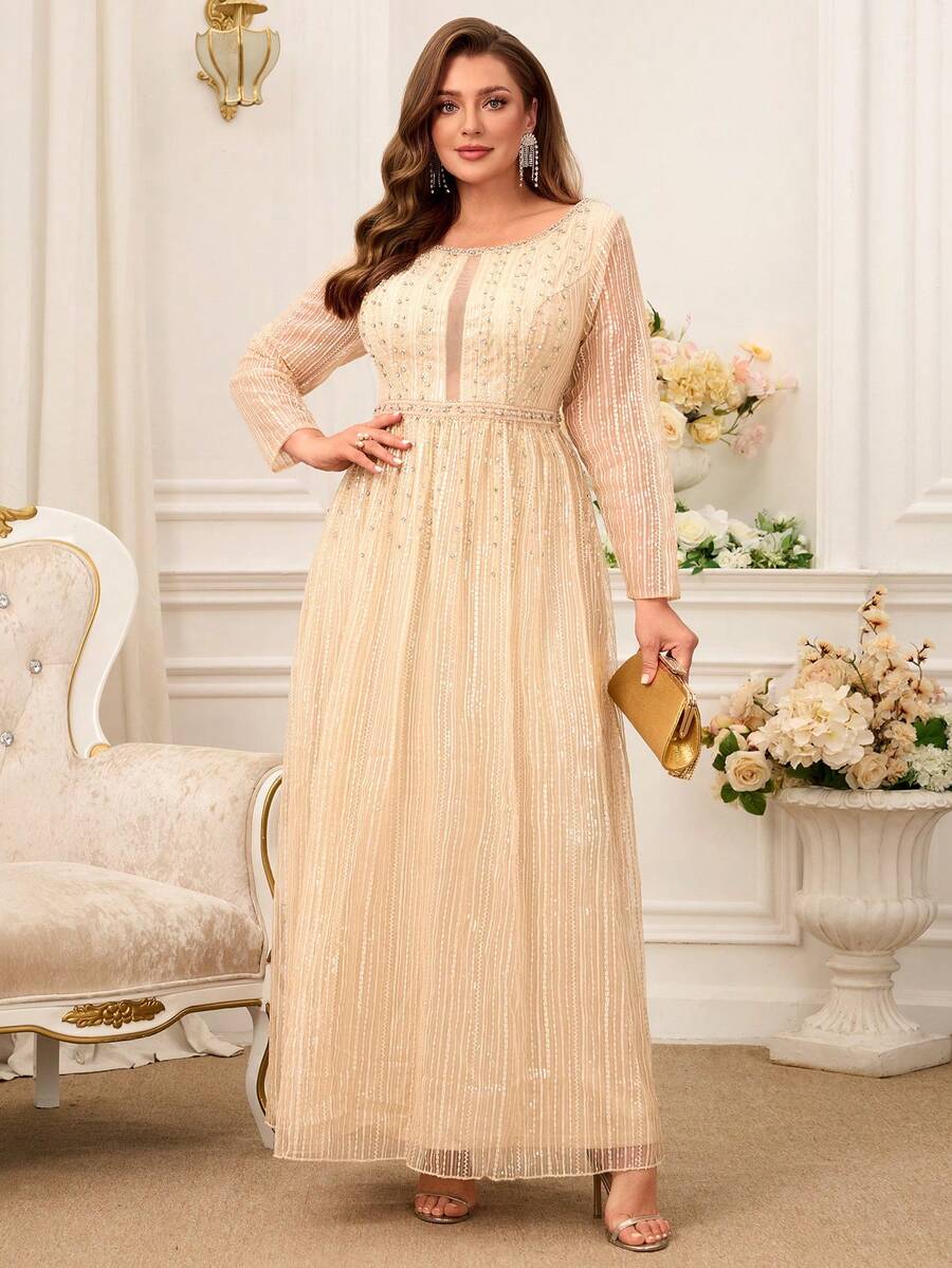Plus Size Beaded & Sequin Trim Maxi Formal Evening Gown - Apricot - View 1