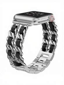 1 pieza Correa de reloj de mujer de metal plateado y cuero negro compatible con IWatch de 38mm, 40mm, 41mm, 42mm, 44mm, 45mm, 46mm, 49mm, pulsera de reloj de lujo y moda, accesorio de reloj inteligente elegante compatible con Apple Watch Series 11 SE3 10 9 8 7 6 5 4 3 2 1 Ultra 3/2/1, correa de reloj elegante compatible con las correas , accesorio de pulsera de reloj, compatible con Apple Watch, correas para smartwatch, adecuado para uso diario, combinación de atuendos, gran regalo para mujeres, amigos, familia - Plateado - Ver 6