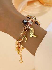 1pc Adjustable Vintage Music Festival Style Leopard Print Cherry 8 Ball Pendant Bracelet, Compatible With Apple Watch 38/40/41/42/44/45/46/49mm SE/Ultra/11/10/9/8/7/6/5/4/3/2/1 Series Women Watch Band Accessory - Gold - View 2