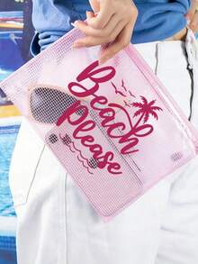 防水時尚沙灘包，印有「Beach Please」文字、棕櫚樹、海鳥和波浪圖案。大容量透明化妝包配尼龍拉鍊，輕便，春/夏收納，適合游泳、沙灘、潛水和夏季度假旅行，學生返校使用。輕便防曬收納包，適合送給朋友、家人、閨蜜、同學的禮物。生日、節日、派對、婚禮（伴娘）的完美禮物和紀念品，郵輪必備，夏季度假禮物 - 彩色 - 查看 4