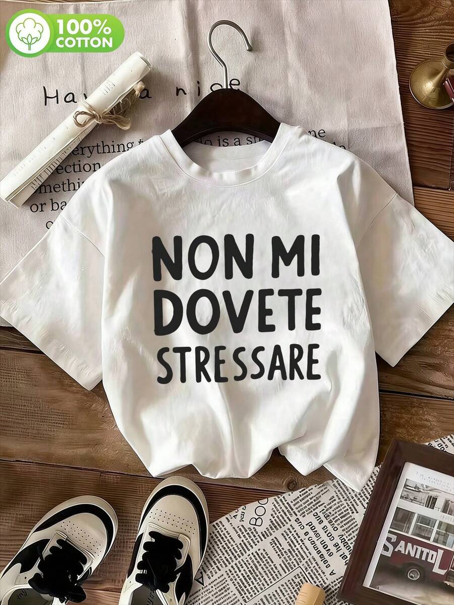 女士圆领宽松T恤，100%纯棉，“NON MI DOVETE STRESSARE”图案印花，春夏休闲日常穿着 - 白色 - 查看 1