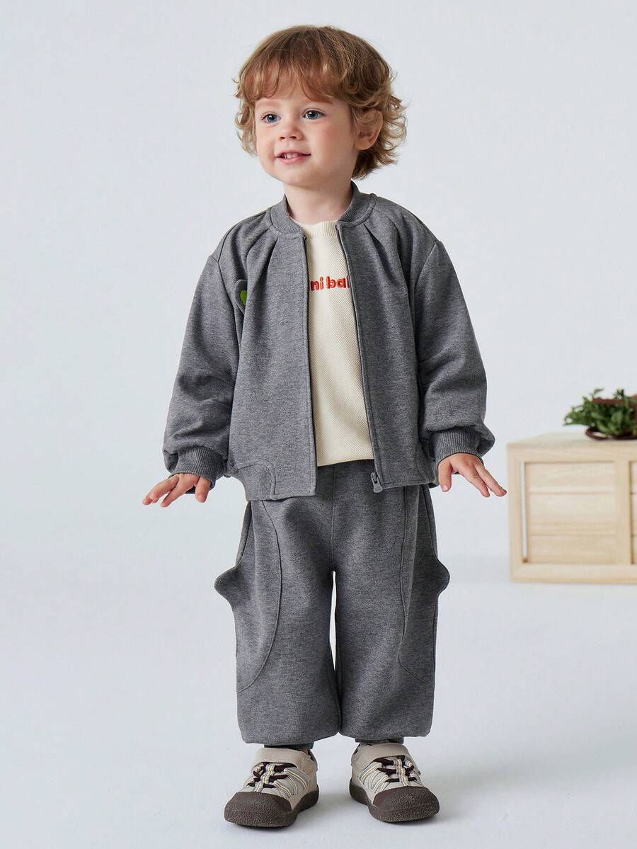 mini bala 2 piezas Conjunto lindo para niños, chaqueta y pantalones, tela suave y amigable con la piel, Colección Primavera 2026 - gris oscuro - Ver 1
