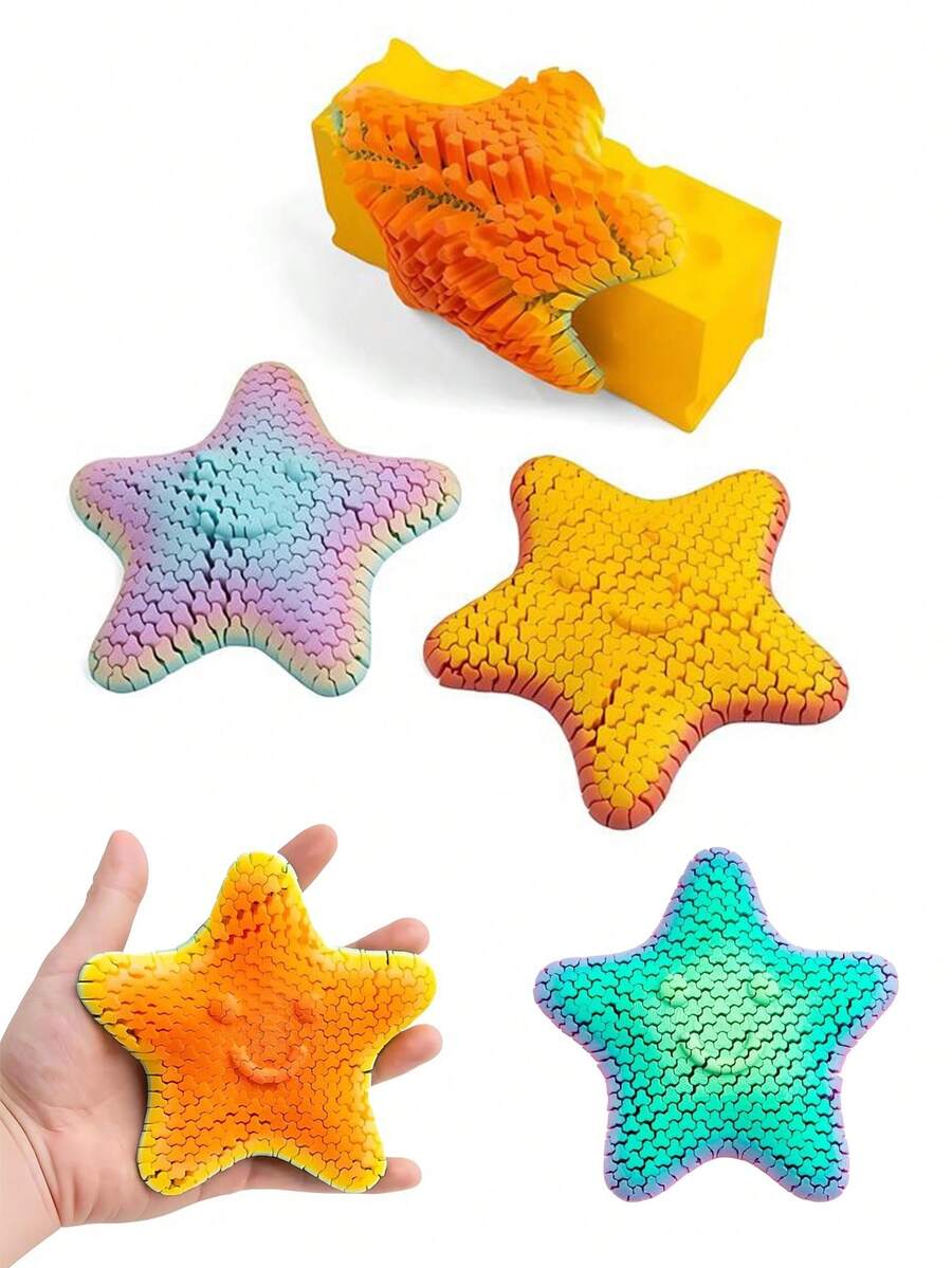 1个3D打印柔性星星趣味减压玩具，可弯曲铰链结构，微笑海星造型，手感光滑，可作为桌面摆件、创意玩具星星、新奇礼物、趣味礼品。