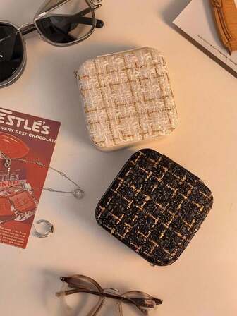 1pc Houndstooth Pattern Jewelry Box, Portable Travel Zipper Jewelry Case, Simple Jewelry Box For Travel And Home, Fashionable Personalized Leather Mini Jewelry Box, Earrings, Necklaces, Rings Storage Box, Dust-Proof Small Jewelry Storage Box