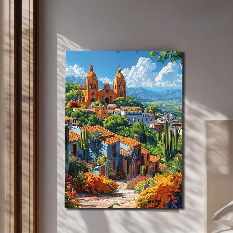 1 pieza de arte mexicano vintage, pintura en lienzo con marco de madera - Arte de pared de iglesias del campo de Morelia, paisaje primaveral vibrante con cúpulas blancas y techos de tejas rojas, decoración de pared interior para sala de estar, dormitorio, cocina, baño - Regalo cultural para el hogar 2D plano - Multicolor - Ver 1