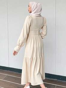 DAZY Elegancka sukienka na wesele dla gości wiosennych, koronkowa sukienka midi z bufiastymi rękawami i stójką, jesienna sukienka z długim rękawem - Beżowy - Zobacz 4