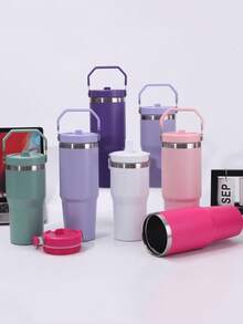 Bình nước bằng thép không gỉ có nắp lật, ống hút và tay cầm, đáy phẳng chống rò rỉ, cốc giữ nhiệt hai lớp, có thể tái sử dụng, cốc du lịch di động, thích hợp cho gia đình, văn phòng và cắm trại ngoài trời, cốc đá, cốc, cốc xách tay, cốc thép không gỉ, du lịch, ngoài trời, ngày lễ, sinh nhật, ngày Valentine. (Màu sắc, kiểu dáng và phụ kiện được giao ngẫu nhiên) - Nhiều màu - Xem 4