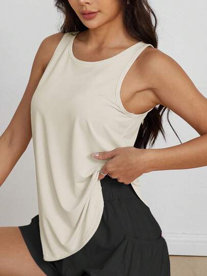 Regata feminina casual sem mangas em tecido de malha, cor sólida, ideal para exercícios, corrida, caminhada e uso diário.