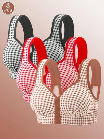3pcs Plaid Decor Middle-Aged & Elderly Front Closure Wireless Bra, Women Underwear