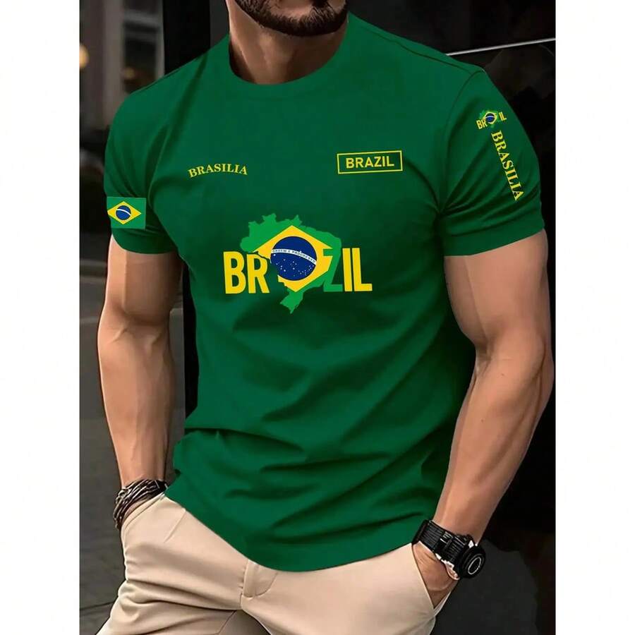 Men's Football Shirt, Brazilian National Team | Flag And Outline Of The Map Of Brazil, Clothing For Football Fans - màu xanh lá - Xem 1