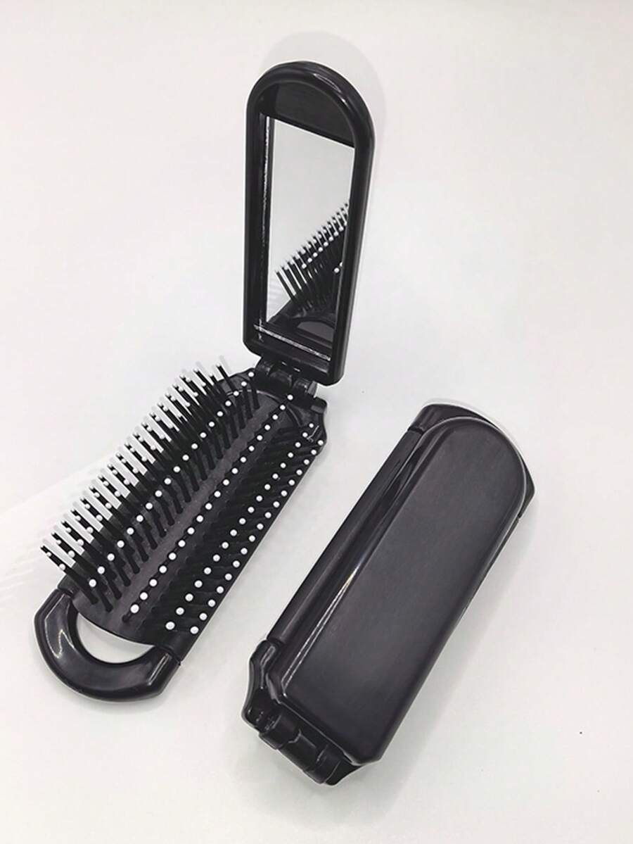 1 chiếc lược gấp có gương, lược du lịch mini cầm tay, lược massage nhỏ gọn, dụng cụ tạo kiểu tóc bỏ túi, phù hợp cho nữ, nam, gia đình đi du lịch ngoài trời, vật dụng cần thiết cho Halloween, Giáng sinh, Năm mới. - màu đen - Xem 1