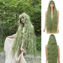 40 Inch Long Wavy Wig Extra-Long Wig With Bangs For Women Available In A Variety Of Colors Cosplay Wig Bounce Fluffy For Halloween Party Daily Use - màu xanh lá - Xem 8
