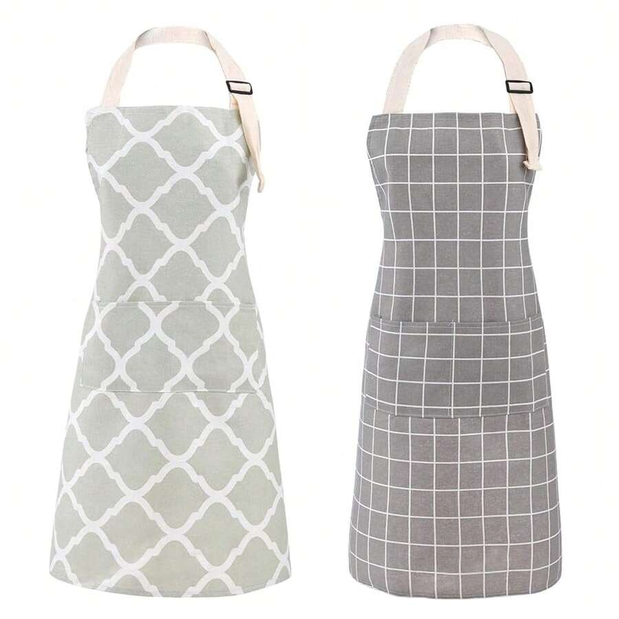 Tosewever 2 Pack Cotton Adjustable Bib Apron For Women, CooFKing Kitchen Aprons With Pockets BBQ Drawing, Mom Woman Men Chef (Cotton - Grey/Green, 2) - 棉灰/綠色 - 查看 1