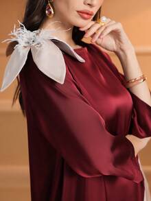 女士纯色拼接肩部装饰水钻点缀优雅圆领阿拉伯风格连衣裙 - 彩色 - 查看 5