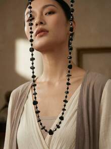 1 pieza Collar largo de cadena de suéter con cuentas y piedras minerales multicapa hecho a mano, accesorio vintage de alta gama para mujeres, otoño/invierno - Negro - Ver 7