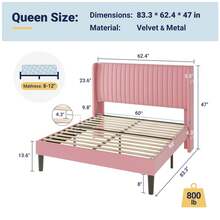 Allewie Full/Queen/King Size Velvet Bed Frame/Vertical Channel Tufted Wingback Headboard/Upholstered Platform Bed/Strong Wooden Slats/No Box Spring Needed/Easy Assembly, Pink - 粉色 - 查看 9