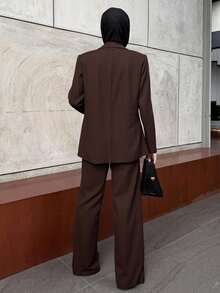 DAZY 2 件套女士商务休闲风格西装套装 Old Money 风格亚麻秋季服装 - 棕色 - 查看 4