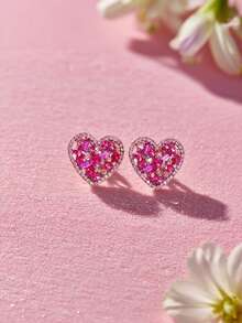 一对夏季清新爱心花朵水钻耳环，时尚优雅，适合女孩佩戴 - 愛心 - 查看 6
