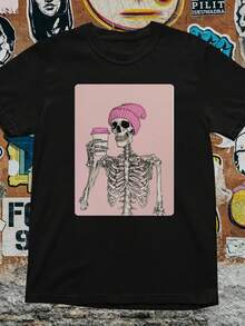 Funny Skeleton Coffee T-Shirt: Goth Graphic Tee Gift - Black 7 - View 1