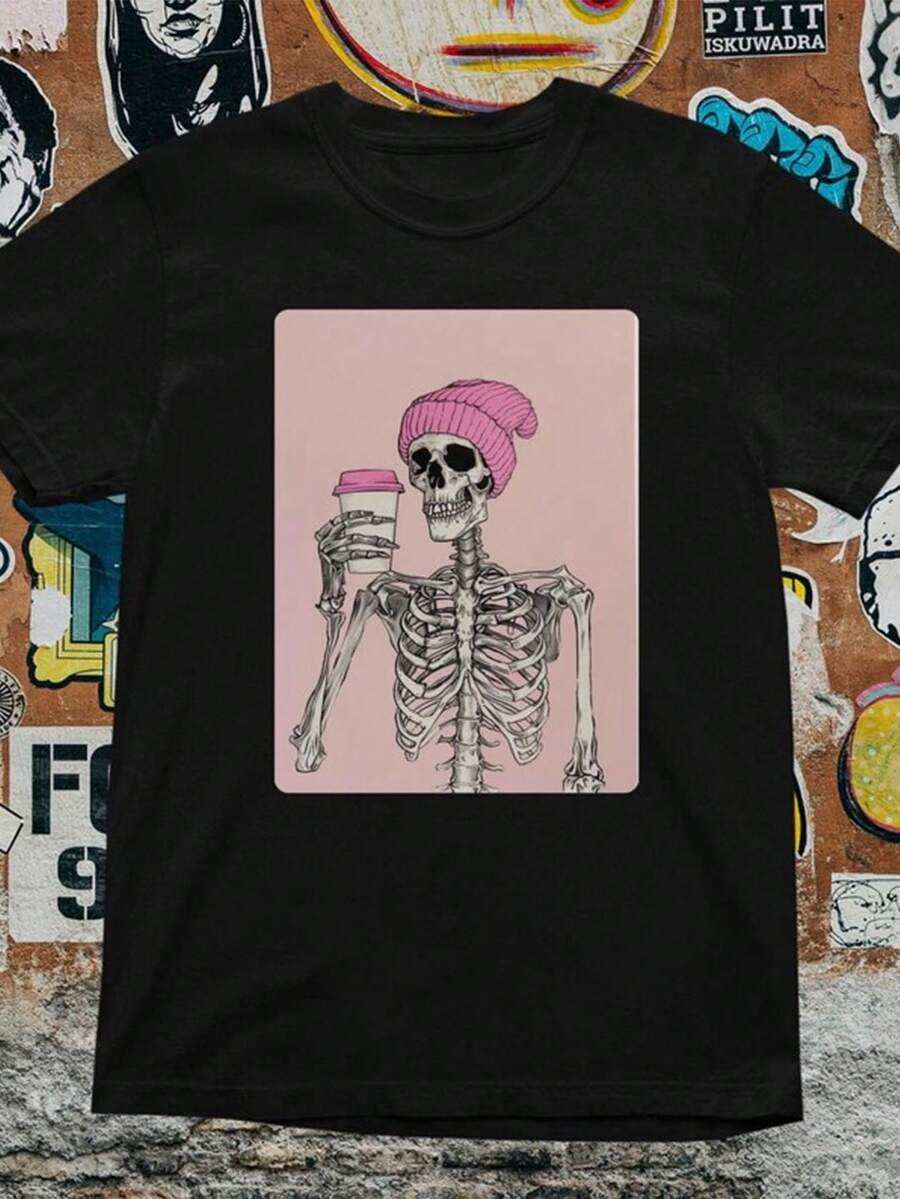 Funny Skeleton Coffee T-Shirt: Goth Graphic Tee Gift - Black 7 - View 1