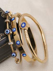 Set de 4 piezas/Set de 3 piezas/1 pieza Pulseras con diseño de ojo malvado en tono dorado | Set de pulseras con diseño de ojo azul esmaltado y cable trenzado para uso diario, casual y de fiesta - Amarillo Oro - Ver 4