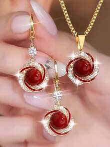 3pcs/Set Fashionable Cat Eye Stone Pendant Necklace, Elegant Luxury Personalized Versatile Commemorative Gift - Multicolor - View 1