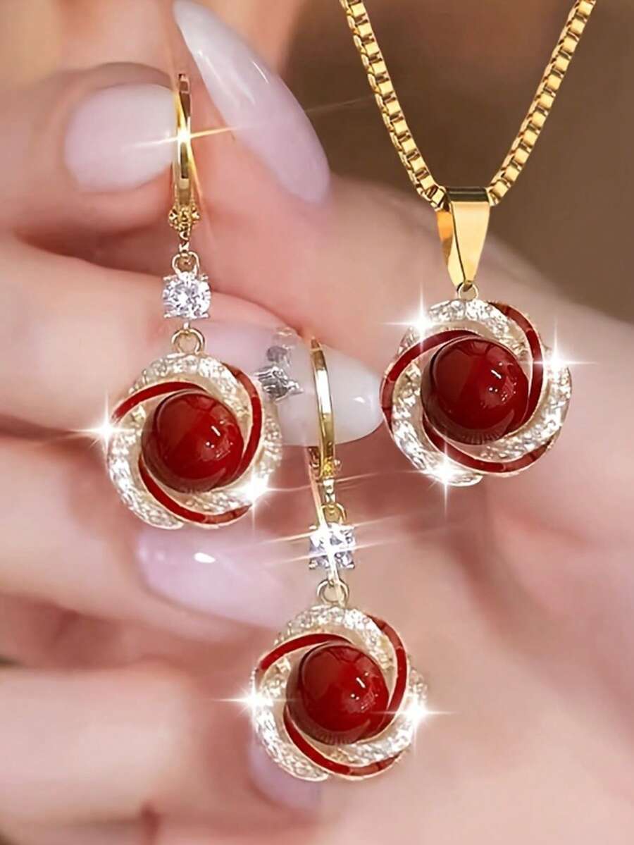 3pcs/Set Fashionable Cat Eye Stone Pendant Necklace, Elegant Luxury Personalized Versatile Commemorative Gift - Multicolor - View 1